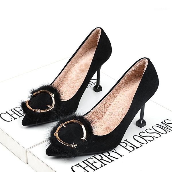 

sandals edition suede high heels in the fall and winter of 2021 joker fashion pointed maomao shoes with velvet fine with1, Black