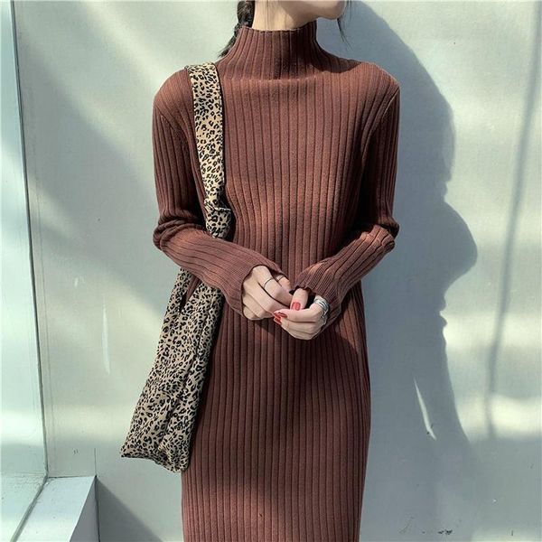 

vintage half turtleneck slim knitted dress women casual long sleeve thicken blue/beige/black vestidos autumn 2020 female robe, Black;gray