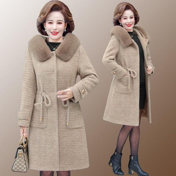 

2021 autumn winter imitation mink cashmere woolen coat new middle-aged mother large size outerwear hooded warm overcoats s685, Black