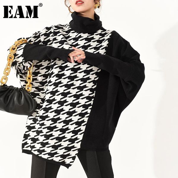 

[eam] white plaid big size knitting sweater loose turtleneck long sleeve women pullovers new fashion autumn winter 2020 1db87800, White;black