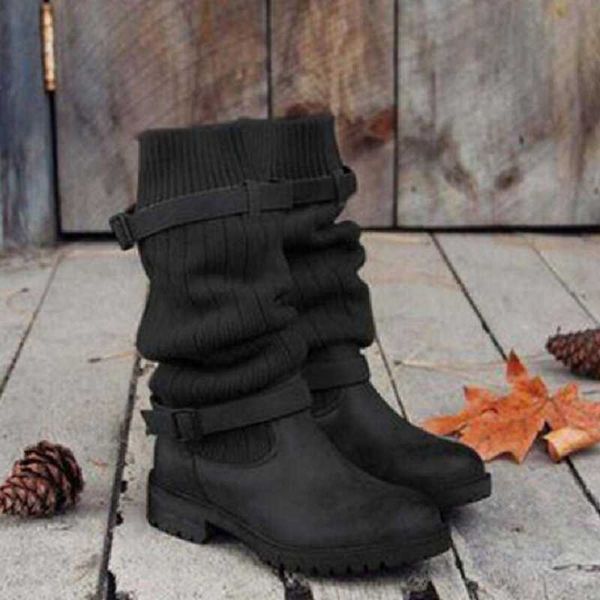 

2020 autumn and winter new big size short boots knitted wool high tube stretch boots women's shoes women's, Black