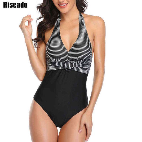 

riseado striped swimsuits one piece women's swimwear new v-neck bodysuit women halter swimming suit belted beachwear, White;black