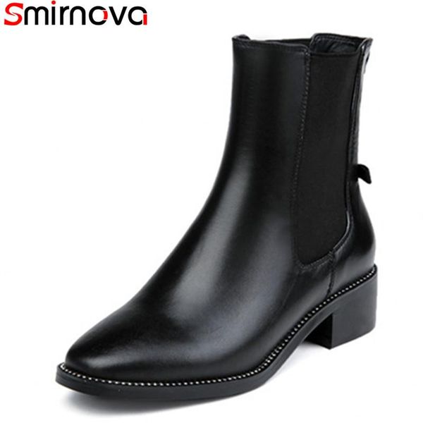 

smirnova 2020 new arrival ankle boots for women round toe square med heels genuine leather boots slip on casual female shoes, Black