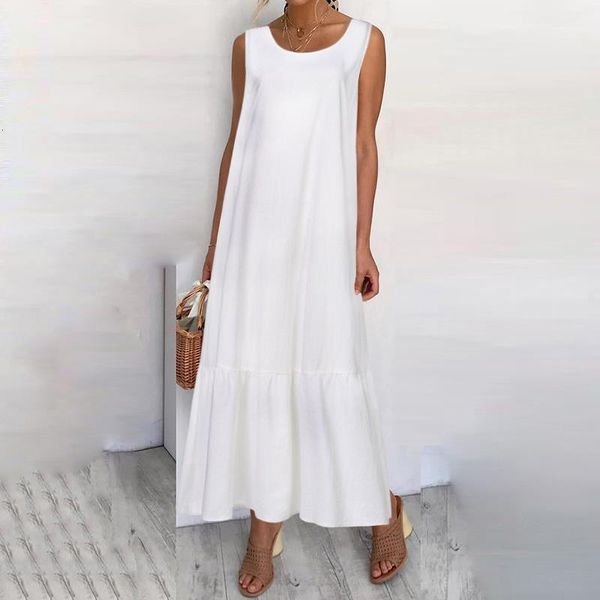 

2021 maxi long dress fashion women summer sundress cotton ruffles casual loose sleeveless party vestidos mujer plus size, Black;gray