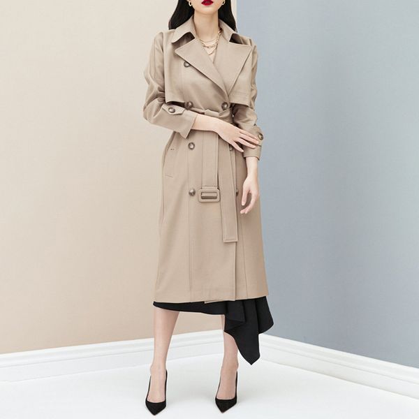 

2020 women's autumn new retro british style fashion double breasted mid length over knee trench coat for women, Tan;black