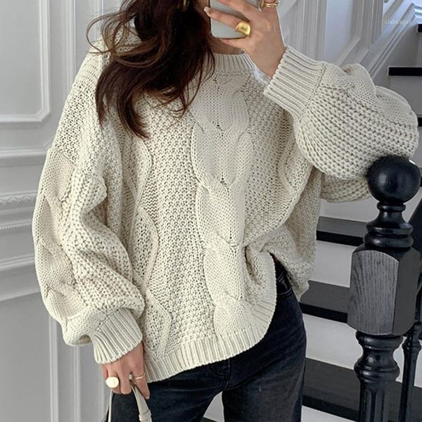 

ewq] 2020 winter women gentle casual round neck loose soft minimalist solid color long sleeve pullover knitting sweater 8d9461, White;black