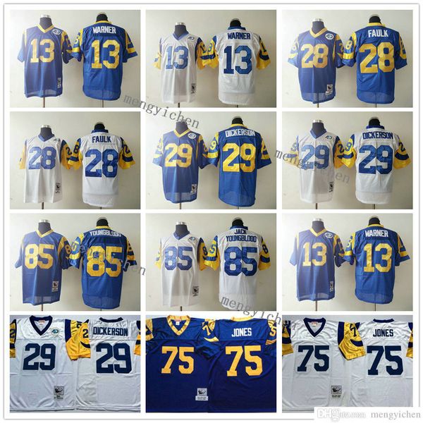 

ncaa men football 13 kurt warner 28 marshall faulk 29 eric dickerson 75 deacon jones 85 jack youngblood jerseys vintage, Black;red