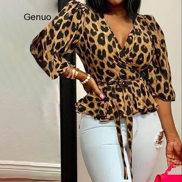 

women blouses 5xl elegant office tunic shirt deep v-neck leopard print belted fashion ruffles blusas femininas, White