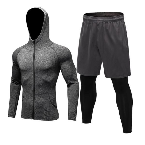 

2pcs tracksuit mens sports suits fitness gym clothing running sport wear for men fake tight pants compression shirt rashgard kit 201119, Gray