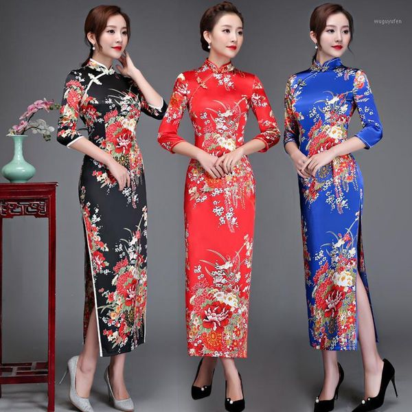 

old shanghai elegant women satin qipao slim 3/4 sleeve long dress new traditional chinese mandarin collar cheongsam vestidos1, Red