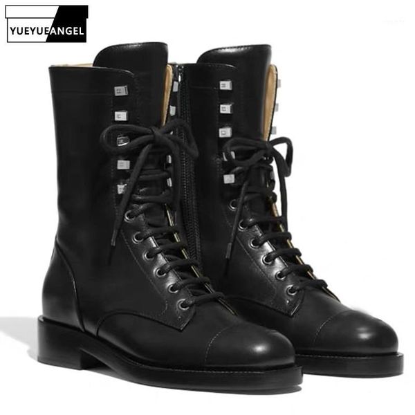 

women real leather cowhide ankle boots autumn motorcycle biker platform boots fashion punk black lace up high-female1