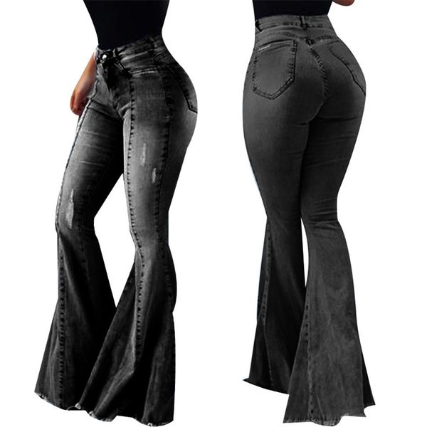 

sale women high waist skinny ripped jeans female spring summer fashion black blue flare denim pants bell-bottoms d30 201029