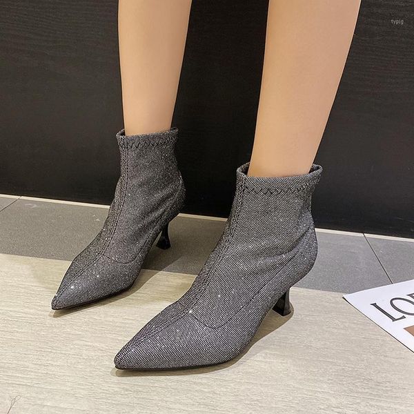 

boots shiny sequin ankle women glitter high heel short party dress sparkling stiletto pointed toe1, Black