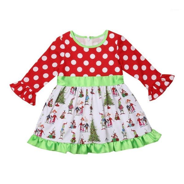 

leisure dresses kids girls christmas round collar long sleeve wave point personality printing stitching cute floral skirt1, Red;yellow