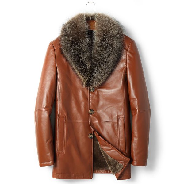 

mens real leather sheepskin jacket wool fur coats raccoon fur collar thick warm outerwear overcoat windbreaker plus size brown black jacket