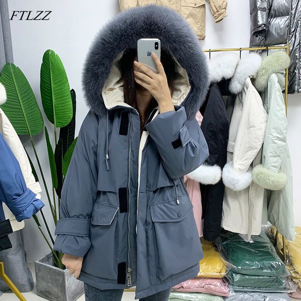 

ftlzz real fur hooded winter women white duck down jacket snow thick parkas warm coat waterproof overcoat 201103, Black