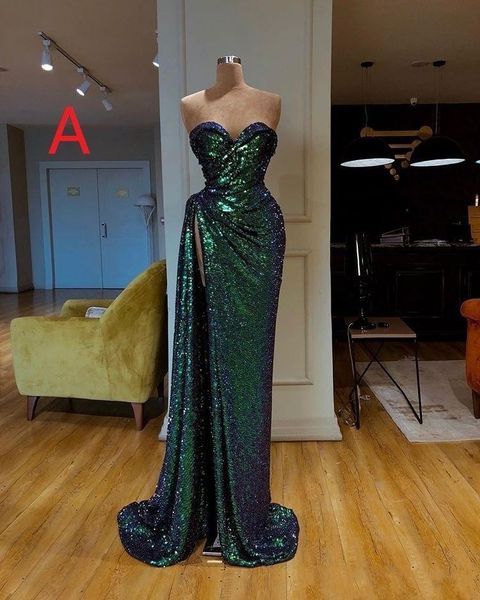 Abiti da sera sexy in pizzo con paillettes verde scuro Guaina senza maniche Paillettes con spacco laterale Increspato con apertura sul retro Abito da sera taglie forti Abiti da festa