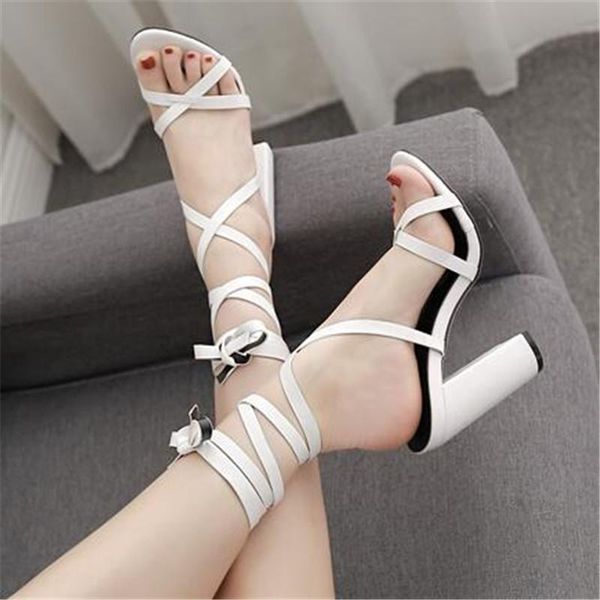 

2021 new summer fashion lace up women high heel 11.5cm sandals peep toe square heel cross tied party shoes white brown, Black