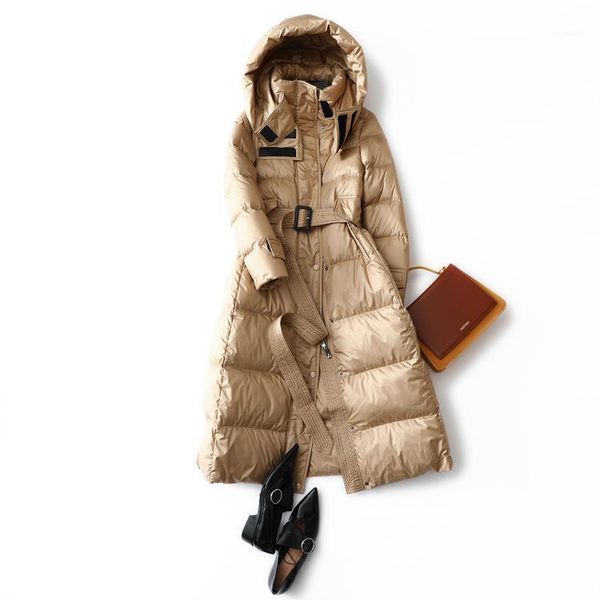 

new luxury white duck down jacket women winter hooded down coat with belt female slim long thick warm coat outerwear jacket1, Black