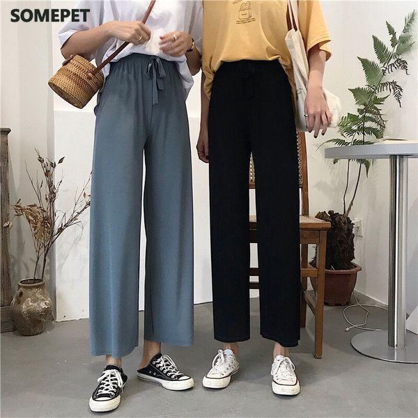 

women's pants & capris high waist women korean style loose casual ankle-length spring summer elastic straight trousers, Black;white