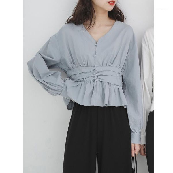

casual long sleeve solid white loose shirts women blouses and v-neck button vintage office lady clothes elegant 2020 new1