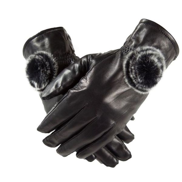 

whole leather gloves cycling haining women' leather winter warm thickened rabbit hair ball leather gloves, Blue;gray