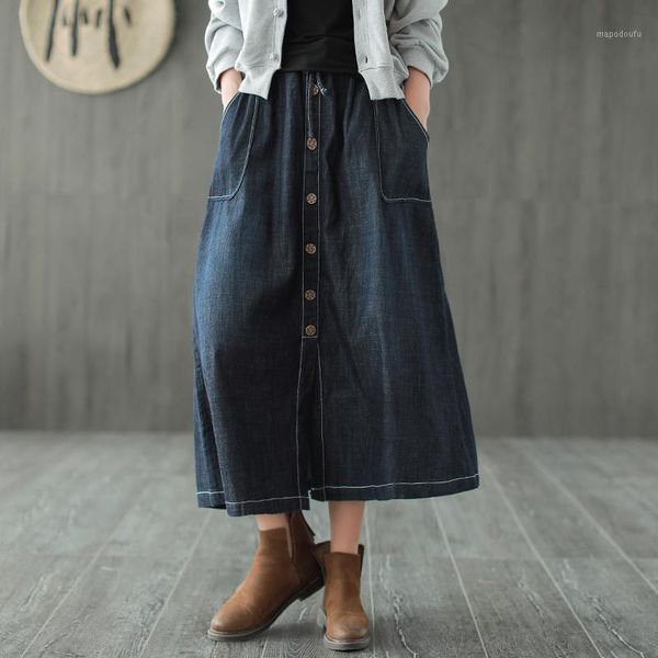

retro single-breasted split elastic waist denim skirt mori girl 2018 autumn1, Black