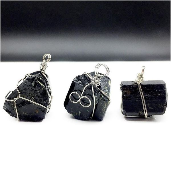 

handmade wire wrap natural black tourmaline raw stone pendant crystal jet stone ore radiation protection stone craft jlluyl
