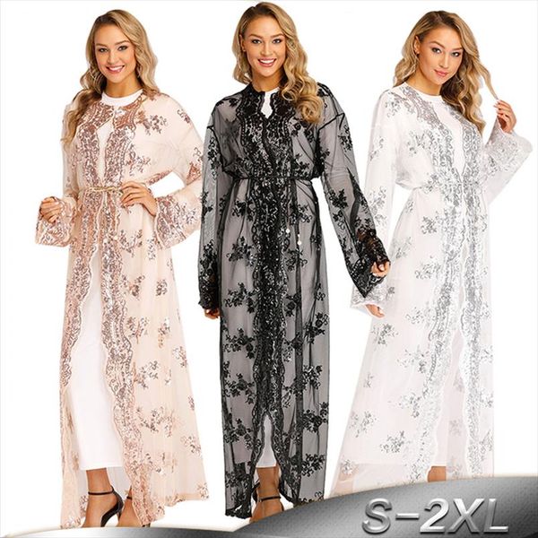 

plus size long kimono mujer 2019 dubai abaya muslim women embroidery chiffon mesh cardigan blouse roupas feminina clothes, White