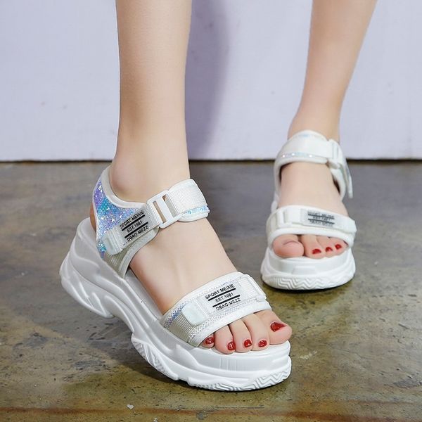 

rimocy silver glitter high platform sandals women thick bottom comfortable hook loop summer shoes woman casual sandalias mujer y200405, Black