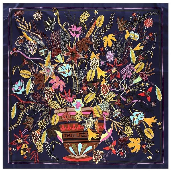 

new large square silk scarf women shawls flower print pattern scarves 130*130cm foulards femme echarpes wrap wholesale y201024, Blue;gray