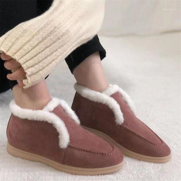 

boots natural fur pu leather casual warm snow for women winter ankle slip on flats size 35-431, Black
