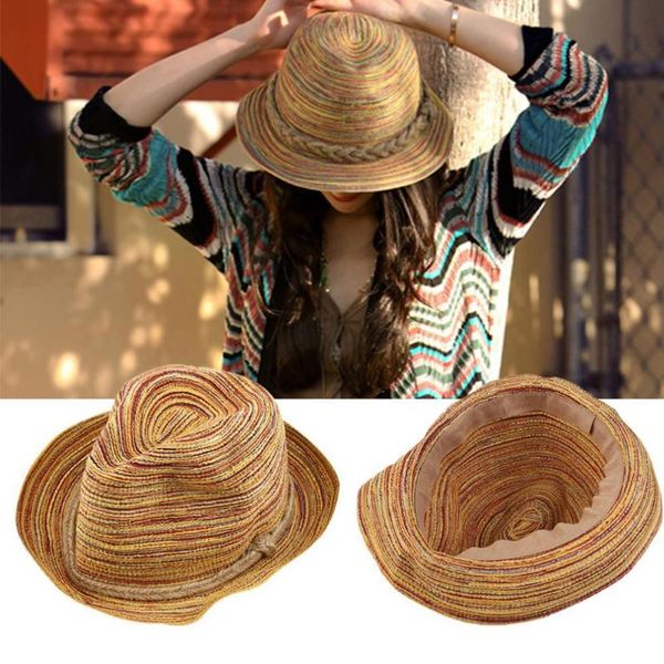 

wide brim hats women weaving beach sun protection casual gift travel fashion straw hat exquisite rainbow stripe summer holiday, Blue;gray