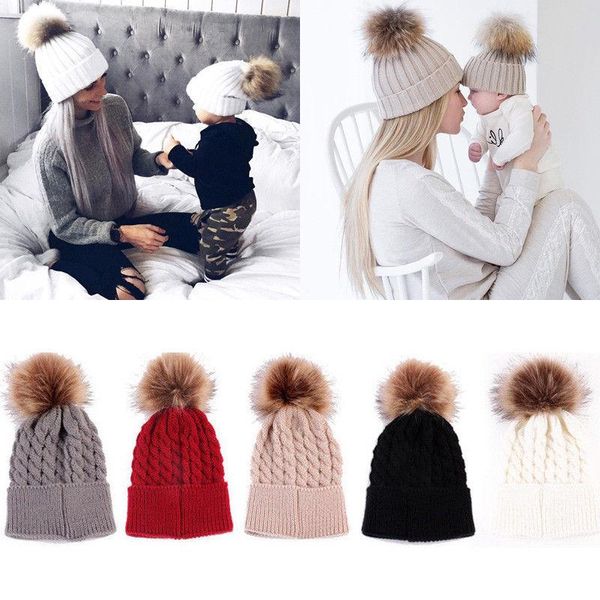 

mommy and me caps women kids girls boys baby knit pom bobble hat winter warm beanie caps winter babymode, Blue;gray