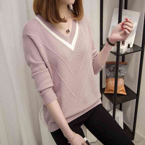 

spring autumn womens sweater slim warm pullovers hollow sweaters women loose knitted female v-neck small fresh sweater, White;black