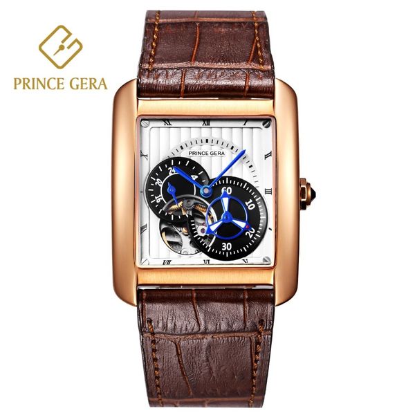 

prince gera men's automatic watches classic tank sapphire scratch-proof skeleton mechanical self-wind business male watch, Slivery;brown