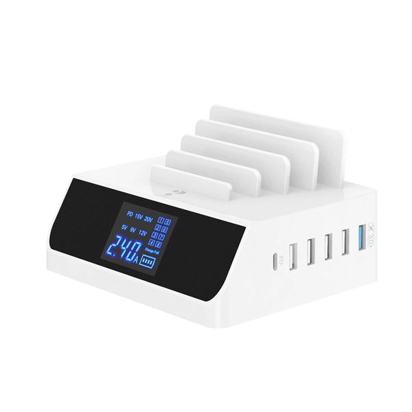 

selling 45w pd quick charge adapter multi usb led display holder 5usb+1type-c 100w mobile phone charger for iphone 12