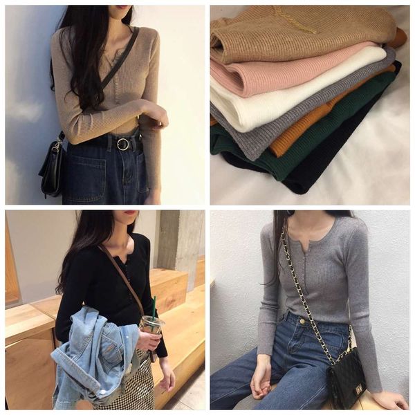 

korean version small frh and thin bottom round neck knitted sweater female, White