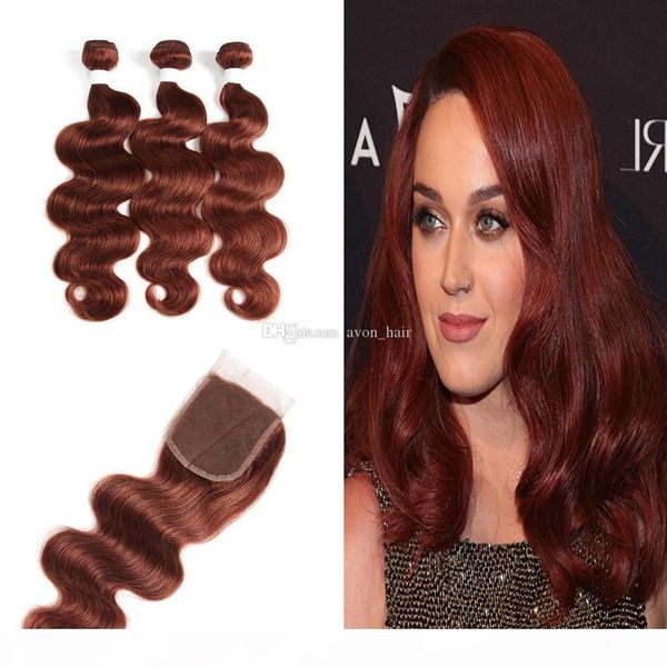 

body wave wavy brown colored human hair weft with lace closure 3 bundles with closure 4x4 auburn brown hair extension with closure, Black;brown