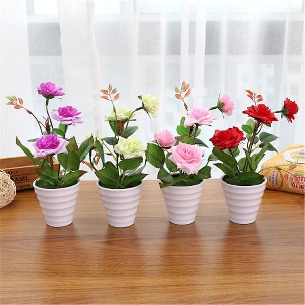

artificial silk rose flower bonsai white flowerpot home garden balcony houseplant wedding christmas party decor1
