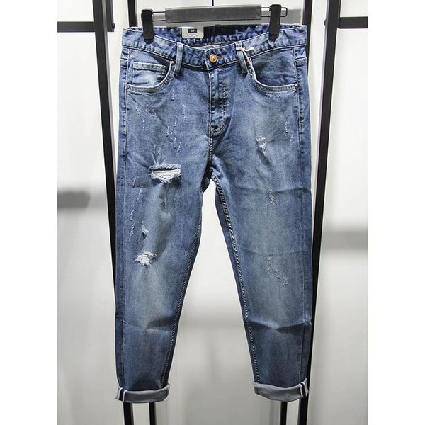 

holes straight-cut jeans men's loose-fit harem skinny pants korean-style trend slim fit versatile, Blue