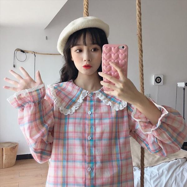 

japanese 2020 spring new sweet lace peter pan collar vintage plaid cute petal full sleeve harajuku shirt women blouse shirt, White