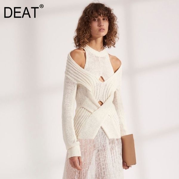 

deat new spring solid color round collar hollow out pullover sweater women vintage slim temperament split knit pd714 201111, White;black
