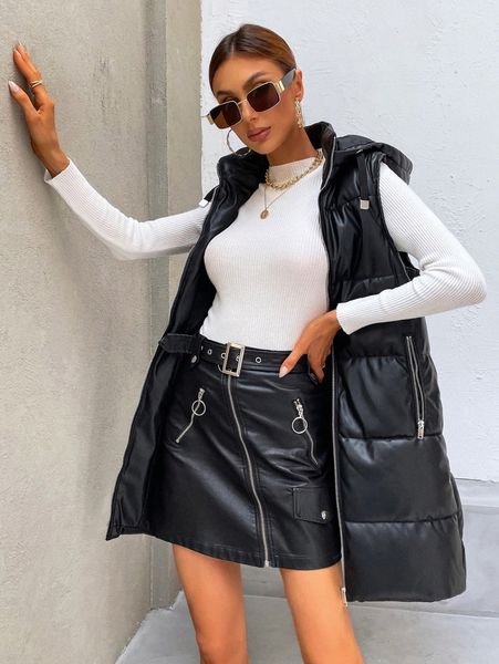 

zip up drawstring hooded pu leather puffer vest coat h5wv#, Black