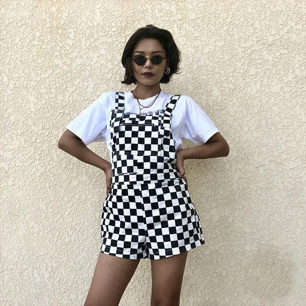 

women vintage checkerboard plaid jumpsuit suspender overalls straps romper playsuit streetwear casual shorts one piece outfit, Black;white