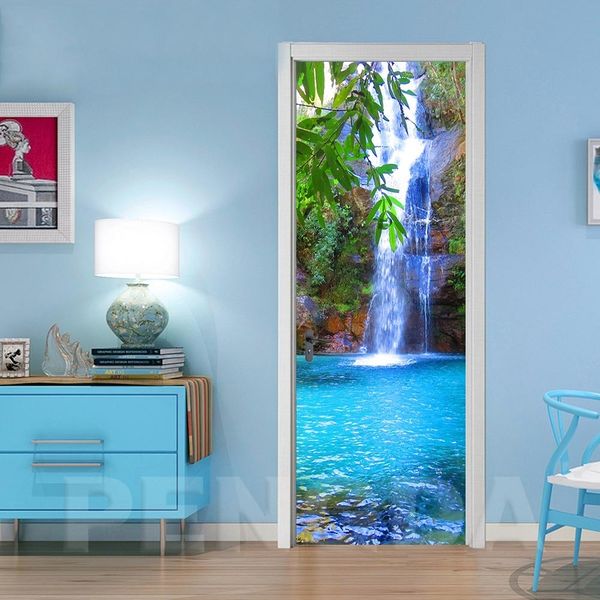 Наклейки на стены 3D ступенчатая дверь обои Diy Selfesive Waterfall Дреки деревьев.