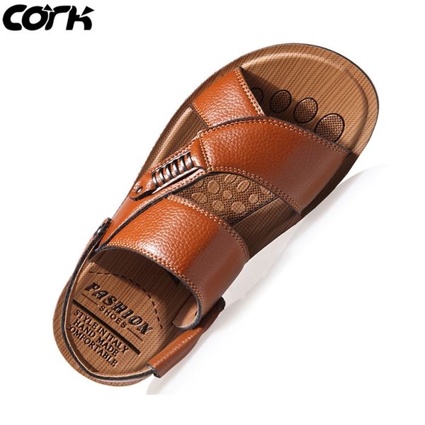 

cork men sandals summer genuine leather roman sandals male casual shoes beach flip flops men fashion outdoor slippers shoes y200107, Black