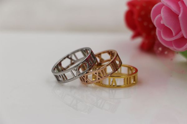 

2021 exquisite jewelry wide version 5.8mm hollow roman numerals lucky digital index finger tail ring titanium steel 18k couple rings, Golden;silver