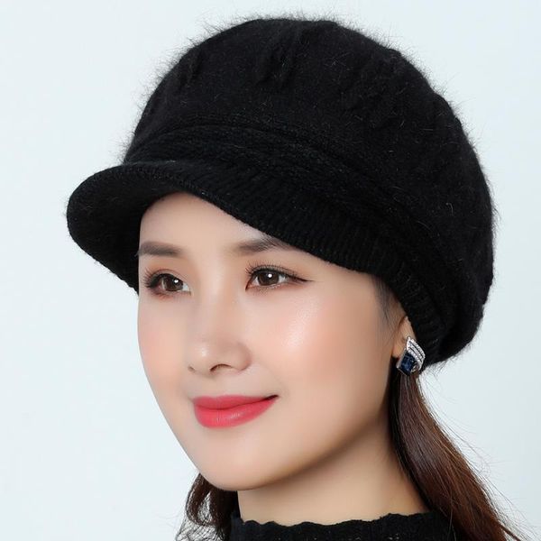 

2020 women autumn warm stripe beret cap braided baggy crochet knit beanie hat ski caps accessories great rabbit hair berets, Black;white