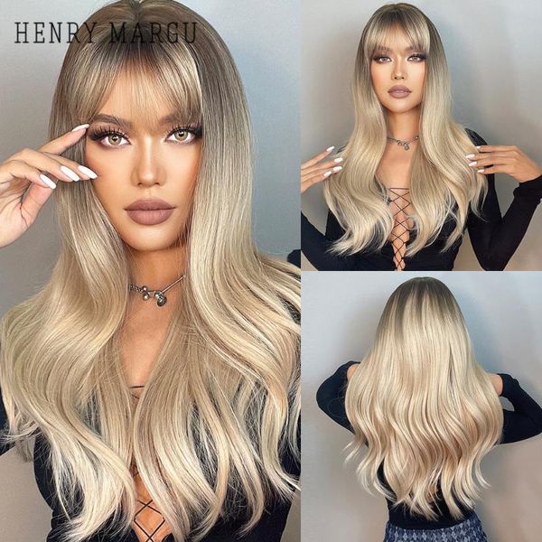 Perucas sintéticas henry margu longo ondulado com bang ombre marrom loira cabelo natural para mulheres peruca resistente ao calor do partido cosplay